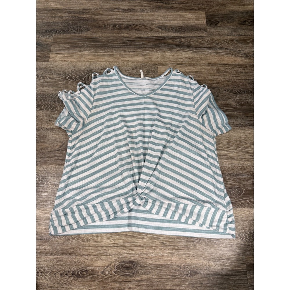 Cato Women's Plus‎ 18/20W Powder Blue Striped Twist Front Lattice Shoulder Top